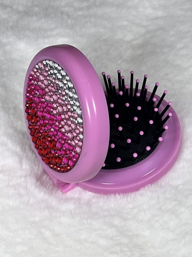 Pink Rhinestone Bling Travel Pop-Up Hair Brush Mirror Compact - Picture 1 of 8