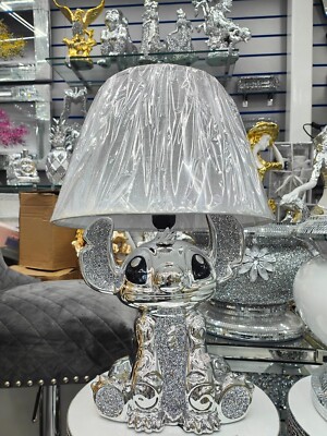 XL Bling Crushed Diamond Silver Stitch Table Lamp Shade Ceramic Base Silver  Lamp