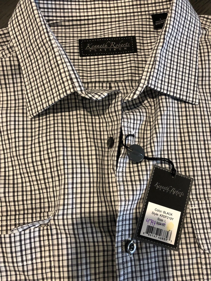 NUEVO CON ETIQUETAS Camisa Kenneth Roberts Platino Blanca Negra Rayas Manga Larga Grande L $69.5 Foto 2 de 4