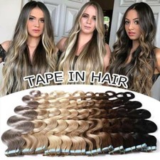 Invisible Tape In Skin Weft Real Remy Human Hair Extensions Body Wave Colored US