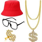 Adult 80s 90s Rapper Costume Set Bucket Hat Necklace Ring Accessories Fancy Prop