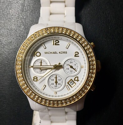 WOMENS MICHAEL KORS White Dial Ceramic Strap w/ gold & glitz  display picture 1