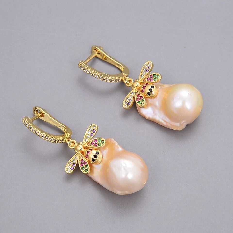 Brincos de pérola natural cultivada rosa pérola Keshi pérola Cz pavê alavanca de insetos costas - Imagem 2 de 4
