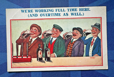 Comic Postkarte 1930er Bass Pale Ale Flaschen Pub Bar WIR ARBEITEN VOLLZEIT HIER