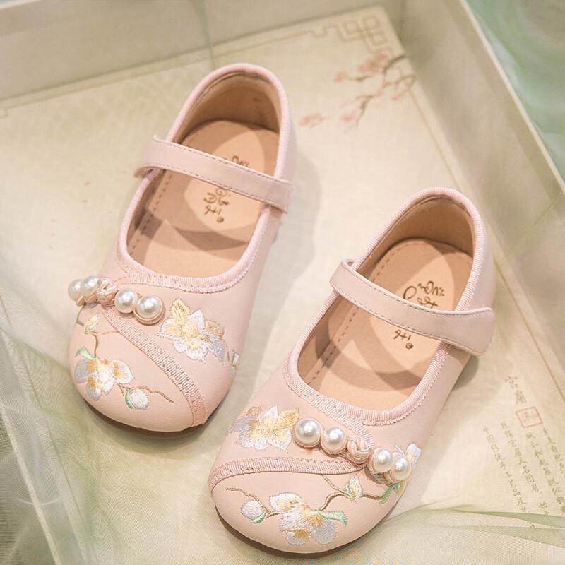 Chinese Kids Girls Faux Leather Shoes Footwear Embroidered Floral