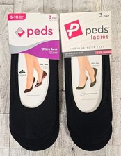 Peds Ultra Low Cut Liner Socks Shoe Size 5-10 6 Socks Total Lot of 2 Black