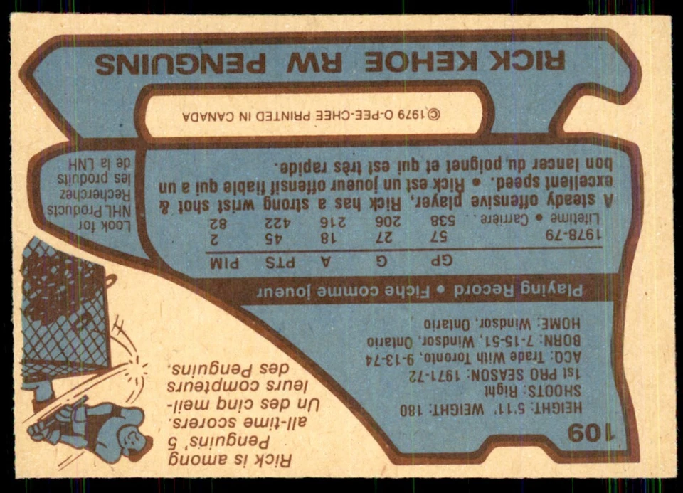1979-80 O-Pee-Chee Rick Kehoe Pittsburgh Penguins #109 - Image 2 of 2