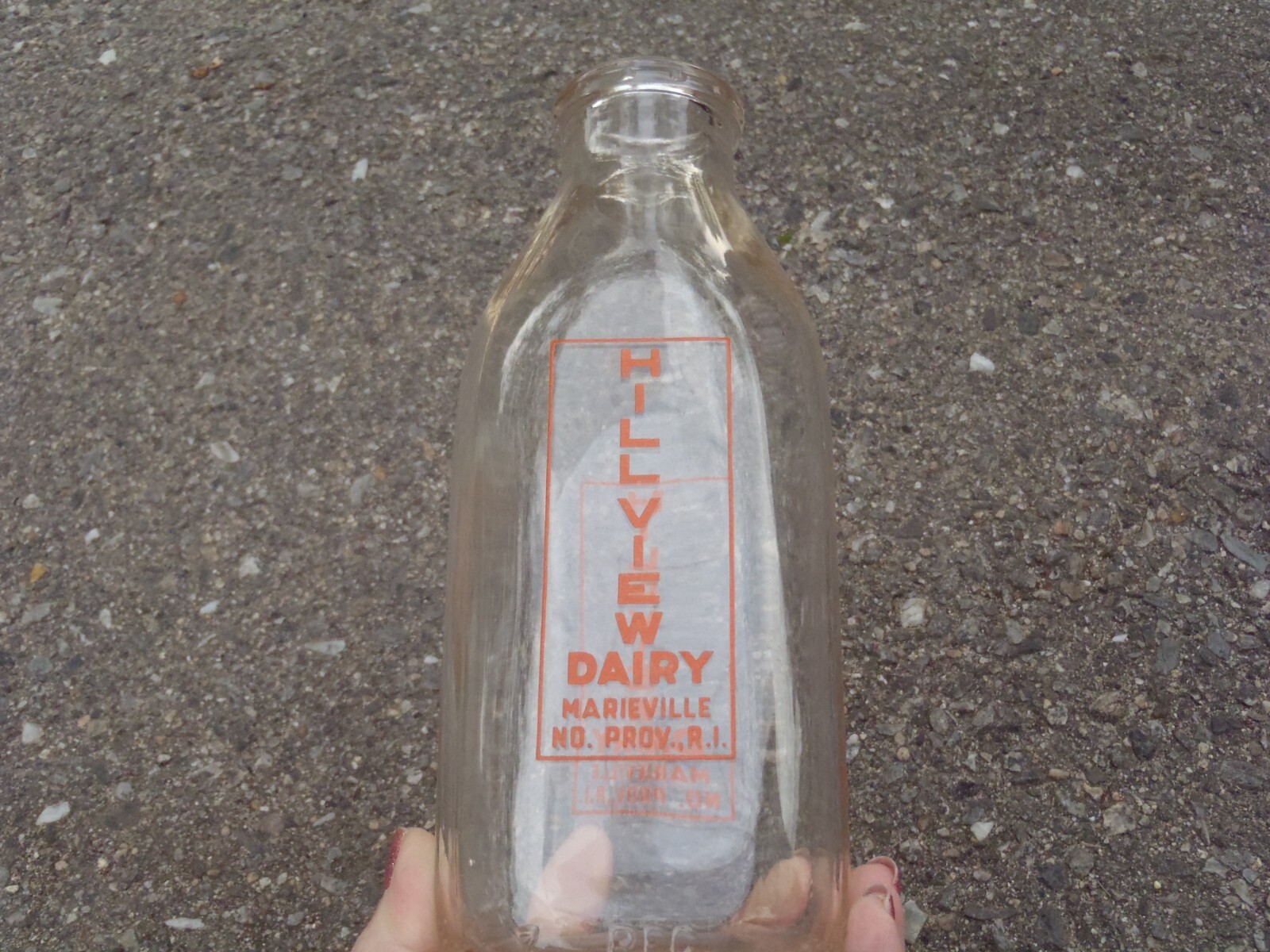 Milk bottle (one quart) Hillview Dairy, Marieville No. Prov., R.I
