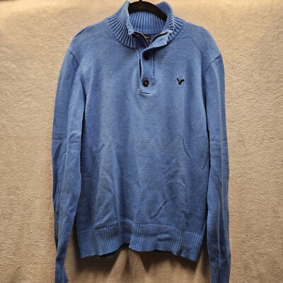 American Eagle Mens Sweater L Blue 1/4 Zip Button Y2K Preppy Old Money Nautical