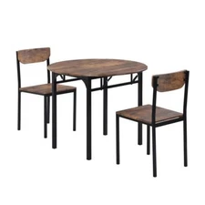Black Frame Rustic Brown Finish Modern 3pcs Round Dining Set (1 Table +2 Chairs)