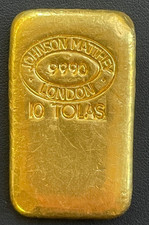 Vintage 10 Tolas 3.75 oz Johnson Matthey London Gold Cast Bar .999 Fine
