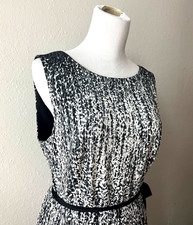 Adrianna Papell Womens 8 Black White Ombre Pleated Midi Dress Fit Flare Tie