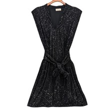 Sofia Collections Luxe Sequin Dress Black Sleeveless Drapey Sash Belted Size L