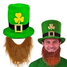 St. Patrick's Day Hat with Beard - Green Velvet Leprechaun Hat for Irish