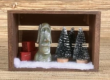 Tiki Crate Art Moai 3 Pine Trees Crates Snow Christmas Tiki Scene by Julie Brown
