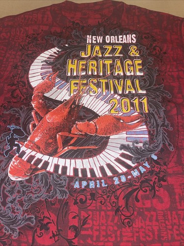 New Orleans Jazz Fest 2011 All Over Print Red T Shirt Large Crawfish Piano Large - Foto 7 di 9