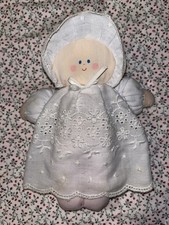 Vintage Eden Toys Plush Baby Doll Rattle White Eyelet Lace Dress Bonnet 7" 1990s