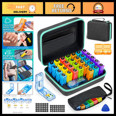 31-Day Pill Organizer with Cutter & Stickers, Portable Hard Shell, 2x Daily Use
