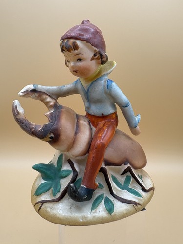 Vintage Pixie Elf Riding Stag Beetle Figure Figurine Occupied Japan Ceramic