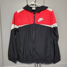 Nike Jacket Boys Large Black Red Hooded Full Zip Windbreaker Colorblock