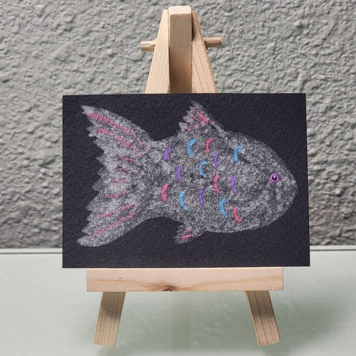 ACEO Original Watercolor Painting Colorful Glitter Fish ATC KatieBearDesigns