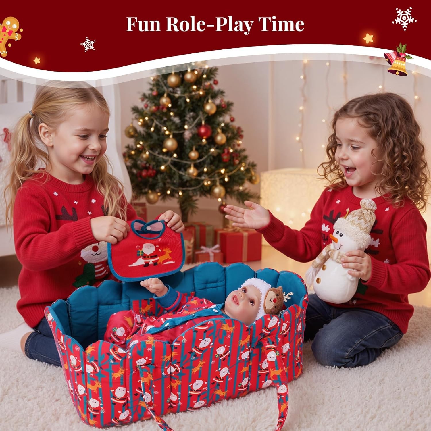 BABESIDE 8Pcs Christmas Reborn Baby Doll Clothes Set with Bassinet for 17&ndash;22Inch