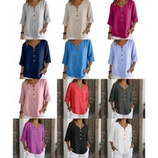 Womens Linen Button Down Shirt V Neck 3/4 Sle...