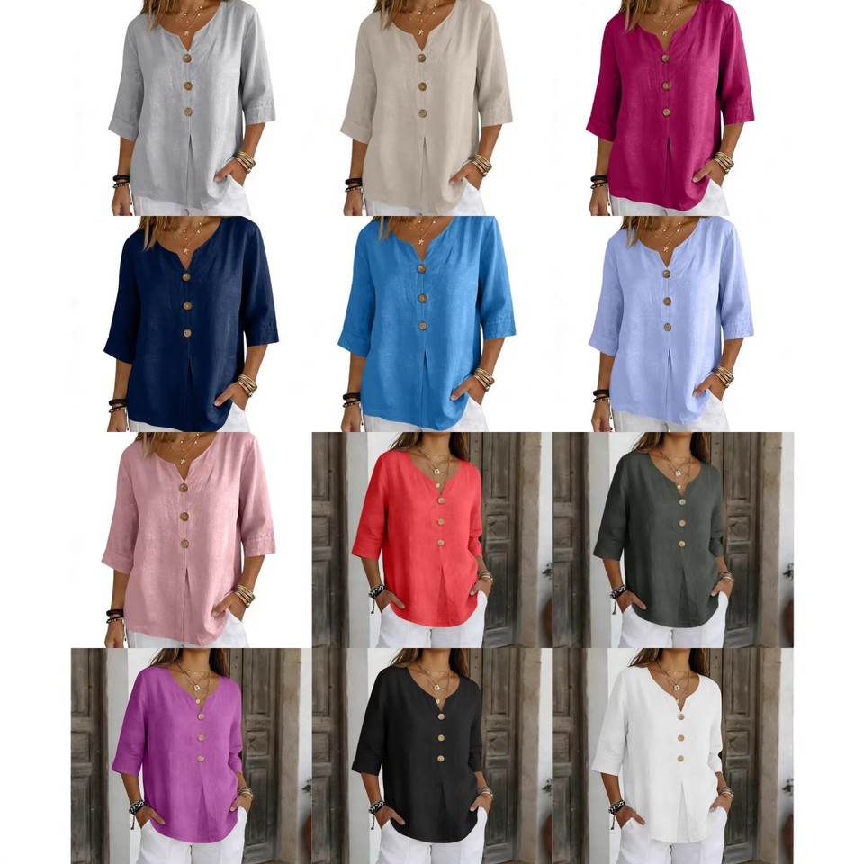 Blusa Top informal calce suelto manga 3/4 cuello en V abotonado de lino para mujer
