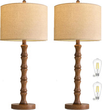 Vintage Wood Table Lamp Set of 2 - Rustic Mid Century Bedside Lighting