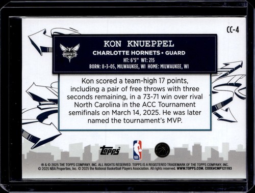 Bolso de mano de novato Kon Knueppel City Prospects Hornets 2025-26 Topps #CC-4 (50F) - Imagen 2 de 2