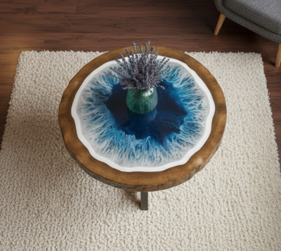 12'' Luxury Solid Wood Epoxy Side Table Unique Ocean Wave Art Round Coffee Table