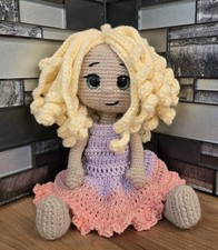 Crochet Girl Doll 12" Tall Amigurumi Handmade Adorable Cute Green Sparkle Eyes