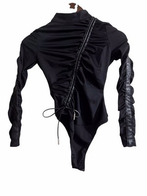 Maniere De Voir Black Bodysuit Nylon Mix Glove Ruched -  Size 6 UK