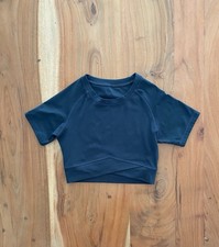 Elite Eleven Womens Cropped Cross Over Baby Crew Neck Tee T-Shirt Grey Green XS