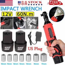 Cordless Ratchet 3/8" Right Angle Wrench Impact Power Tool w/2 Battery 7x Socket