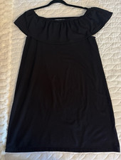 Cotton On Black Solid Off Shoulder Ruffle Neck Shift Midi Dress Sleeveless L