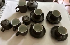 Vintage Denby Stoneware England Camelot Green  8 Cups & Saucers Creamer Sugar