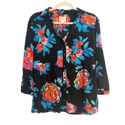 Anthropologie Maeve Woodland Walk Floral Rayon Button Front Blouse Size 10