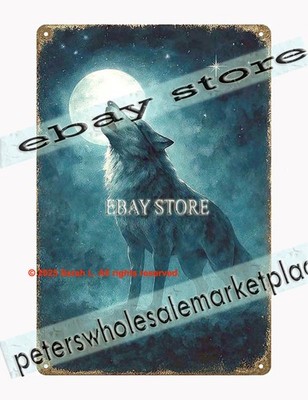 Moon Wolf Howl Tin Sign � Nocturnal Metal Wall Art with Lunar Glow