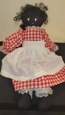 Handmade Black Rag Doll Yarn Hair Beautiful Detail & Historical, Very Good Cond.