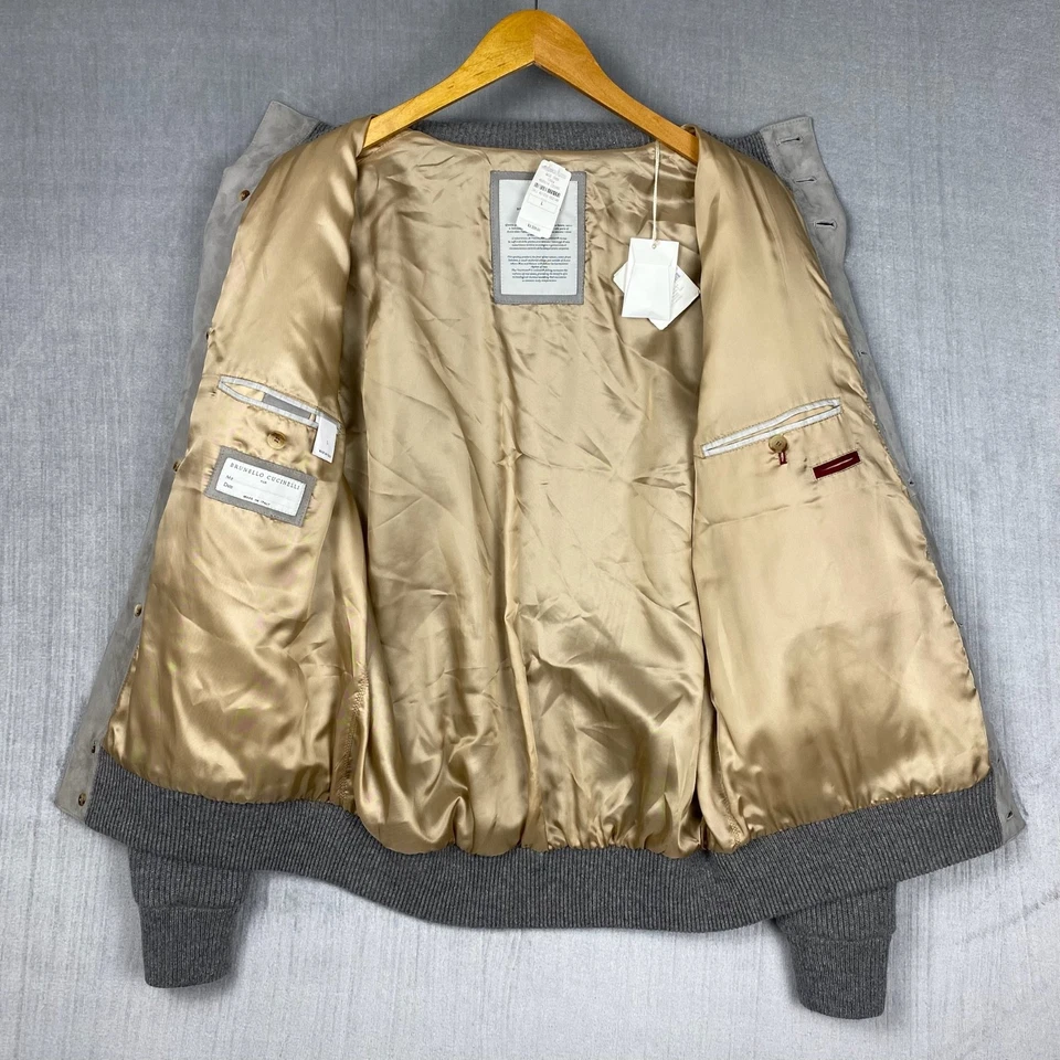 Brunello Cucinelli Bomber Jacket Mens Large Suede Cashmere Gray Luxury Italian - Image 3 of 4