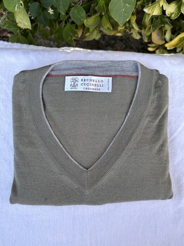 NWOT $1450 Brunello Cucinelli Cashmere Wool V Neck Sweater Green Sz L 50