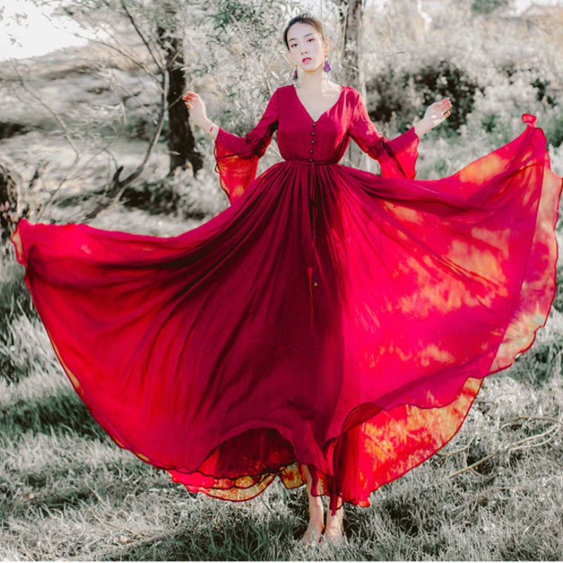 Girl Fairy Chiffon Dress Retro Flare Sleeve Mori Red Maxi Gown Dress Bohemia