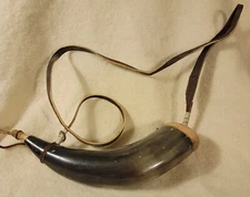 13" Powder Horn Buffalo Wood Spout Plug Handmade with 23" Long Leather Lanyard