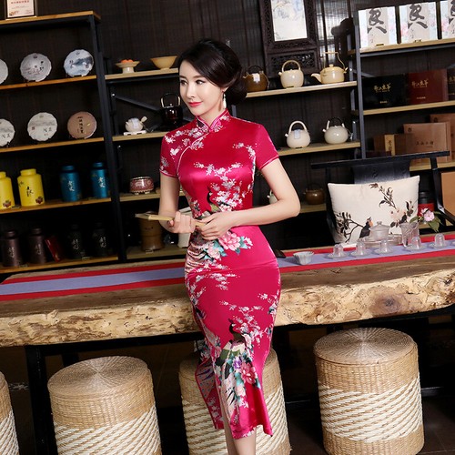 Spring Summer Women's Party Cheongsam Dress Long Satin Daily Banquet Gown New - Picture 5 of 23