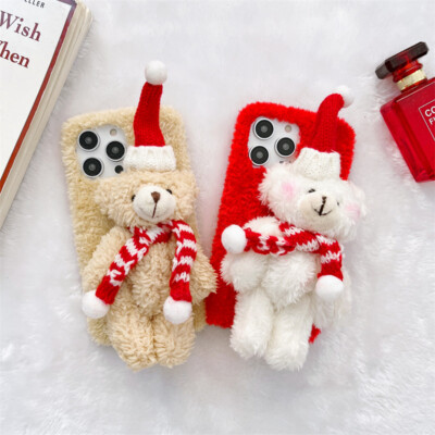 3D Christmas Bear Plush Protective Case Cover For Apple iPhone