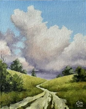 Landscape original oil painting 10x8 in (25x20 cm) Realistic road Summer art