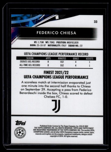 2021-22 Topps Finest UEFA Champions League #33 Federico Chiesa - Picture 2 of 2