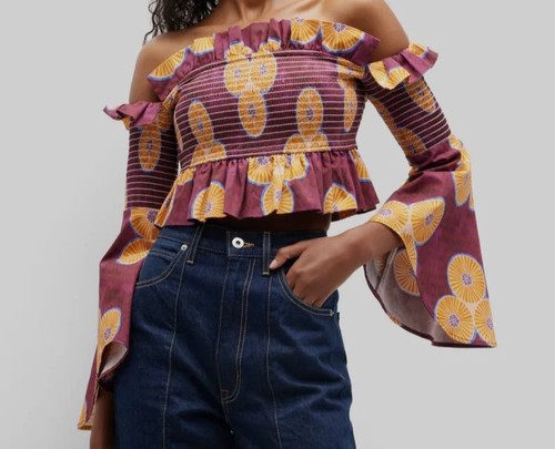 $ 495 Herbst Adeigbo Damenbluse lila schulterfrei geschnitten Oberteil Größe 8