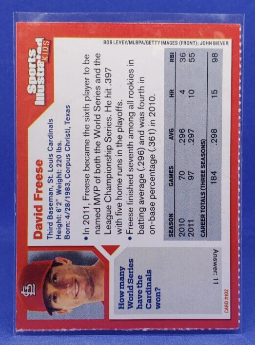 2012 Sports Illustrated for Kids Series 5  #102 David Freese St. Louis Cardinals - Image 2 of 2
